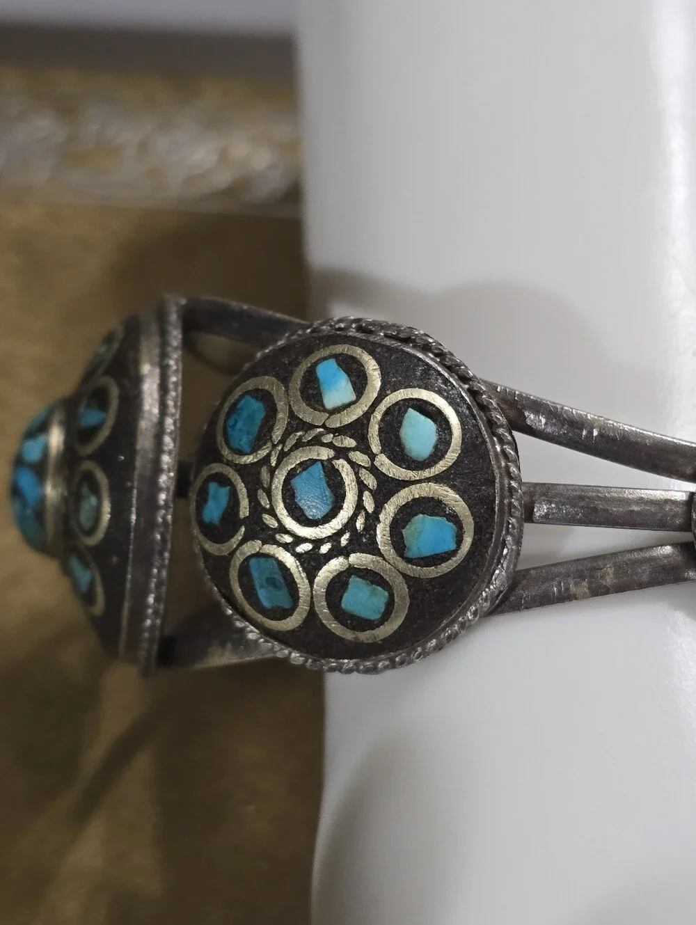 Vintage Tibetan Turquoise Inlay Silver-Tone Statement Cuff Bracelet 6.75